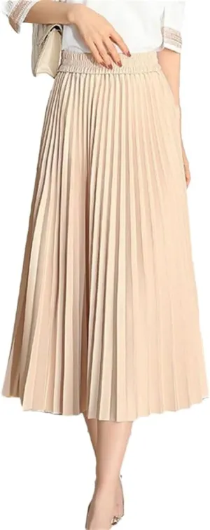 Pleated Skirts Women Spring/Summer Casual Elastic High Waist Midi Long Skirts Fashion Ladies Party Work Skirts