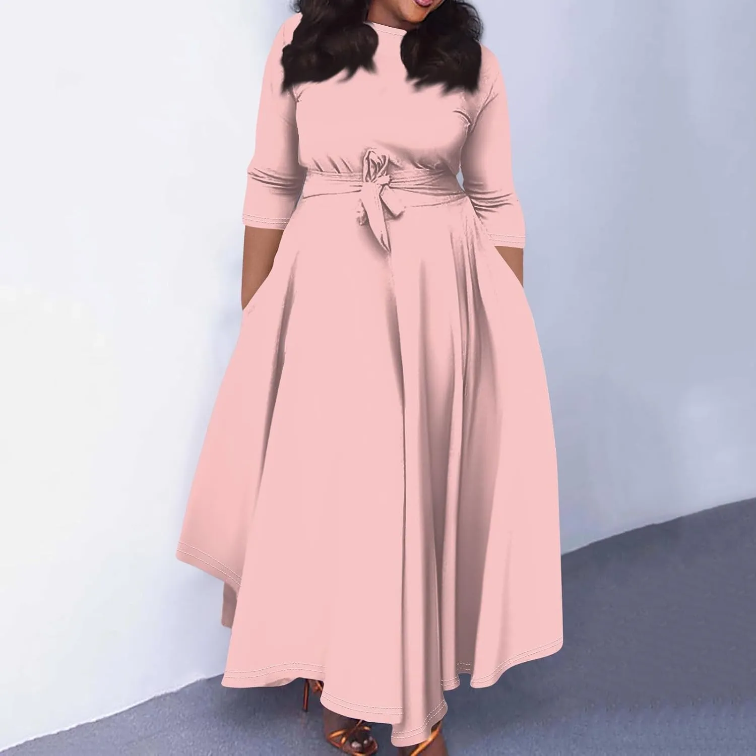 Plus Size Dresses for Curvy Women Solid Crew Neck 3/4 Sleeve Straps Big Hem Maxi Smocked Dresses