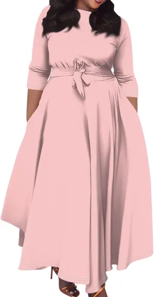 Plus Size Dresses for Curvy Women Solid Crew Neck 3/4 Sleeve Straps Big Hem Maxi Smocked Dresses