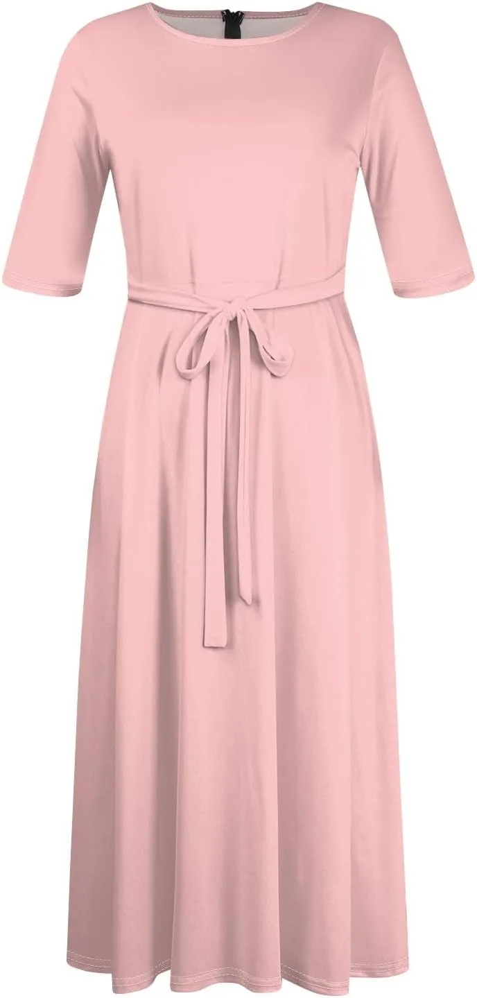 Plus Size Dresses for Curvy Women Solid Crew Neck 3/4 Sleeve Straps Big Hem Maxi Smocked Dresses