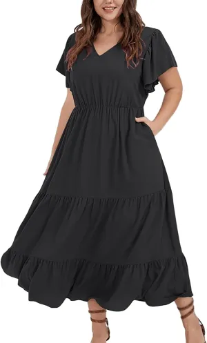 Plus Size Dresses for Women Summer V Neck Ruffle Short Sleeve Maxi Dress Summer Tummy Control Pleated Hem Sundress
