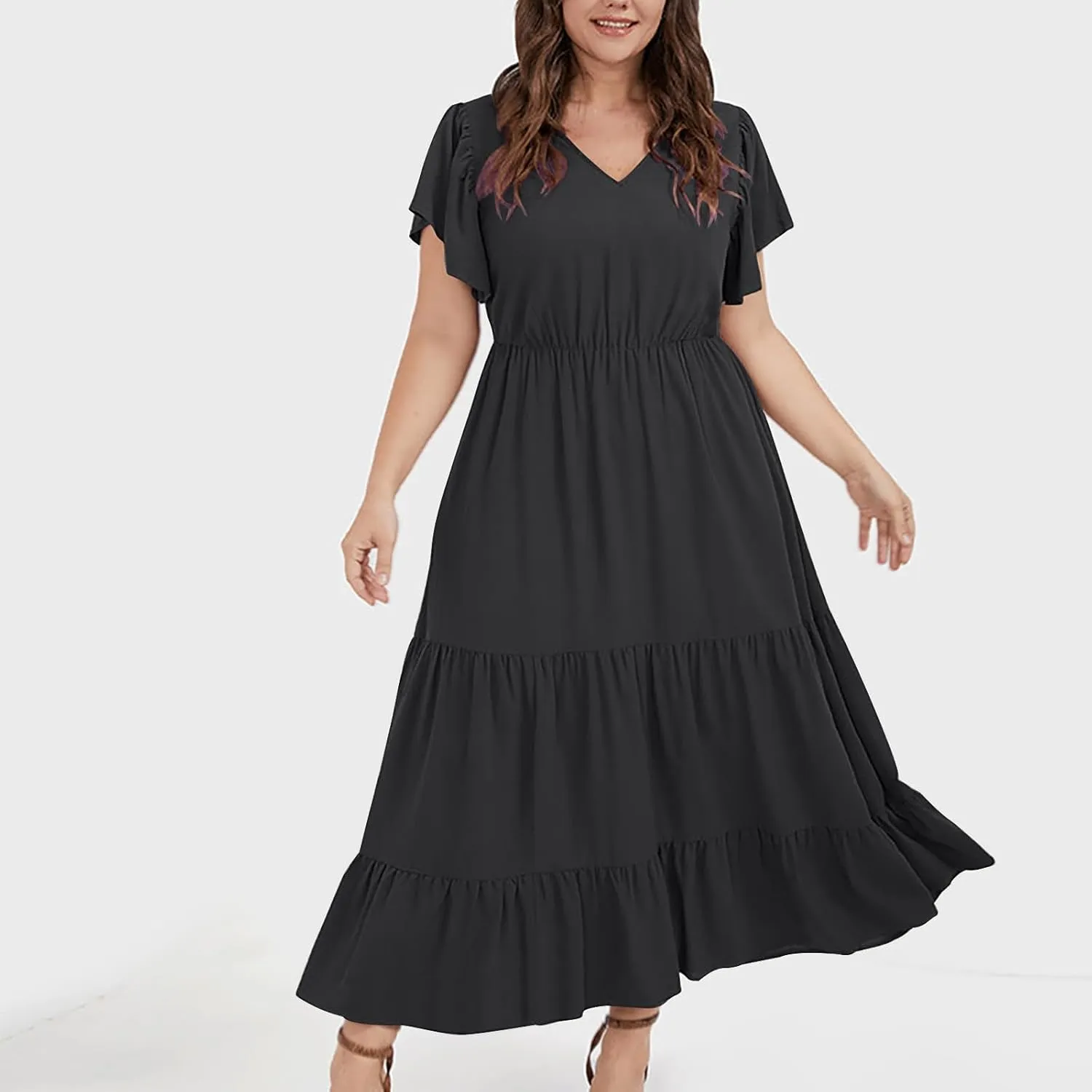Plus Size Dresses for Women Summer V Neck Ruffle Short Sleeve Maxi Dress Summer Tummy Control Pleated Hem Sundress