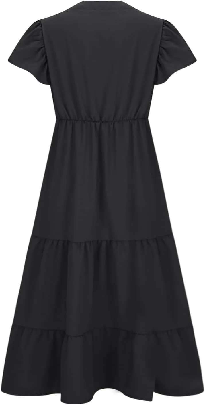Plus Size Dresses for Women Summer V Neck Ruffle Short Sleeve Maxi Dress Summer Tummy Control Pleated Hem Sundress