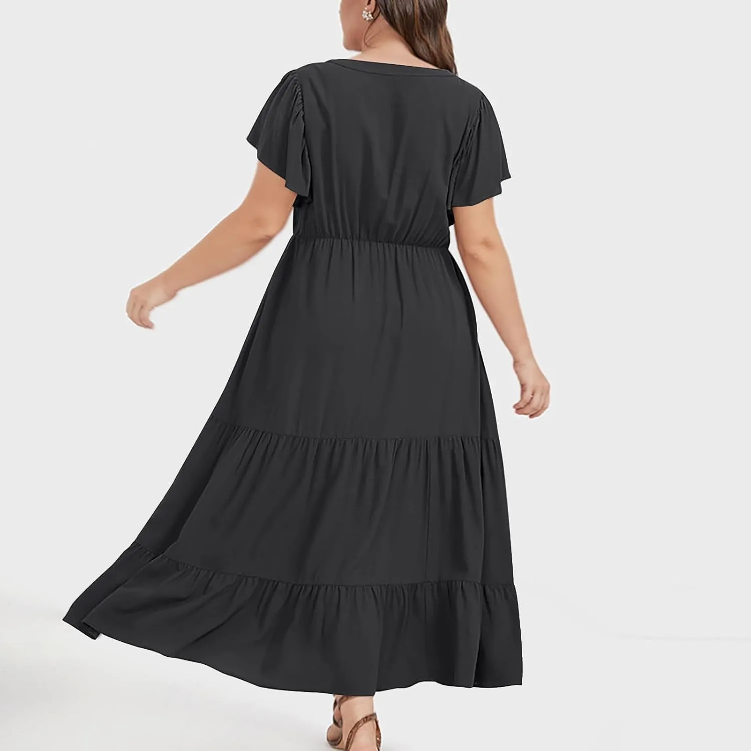 Plus Size Dresses for Women Summer V Neck Ruffle Short Sleeve Maxi Dress Summer Tummy Control Pleated Hem Sundress