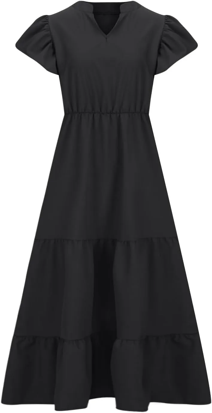 Plus Size Dresses for Women Summer V Neck Ruffle Short Sleeve Maxi Dress Summer Tummy Control Pleated Hem Sundress