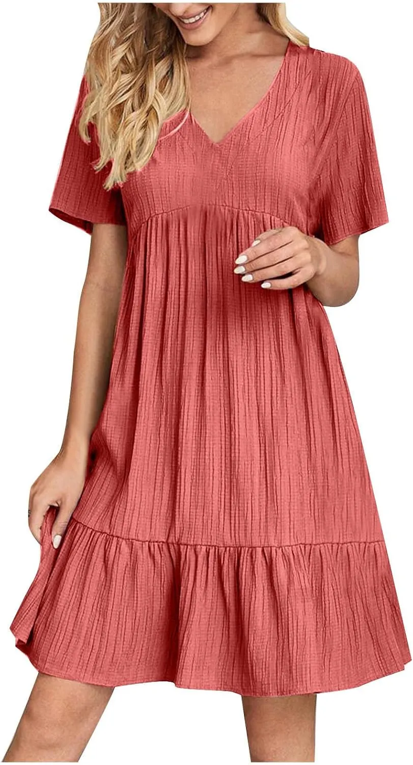 Plus Size Summer Dresses for Women 2025 Vacation Casual Short Sleeve Midi Sundress Tiered Ruffle Pleated T Shirt Dress