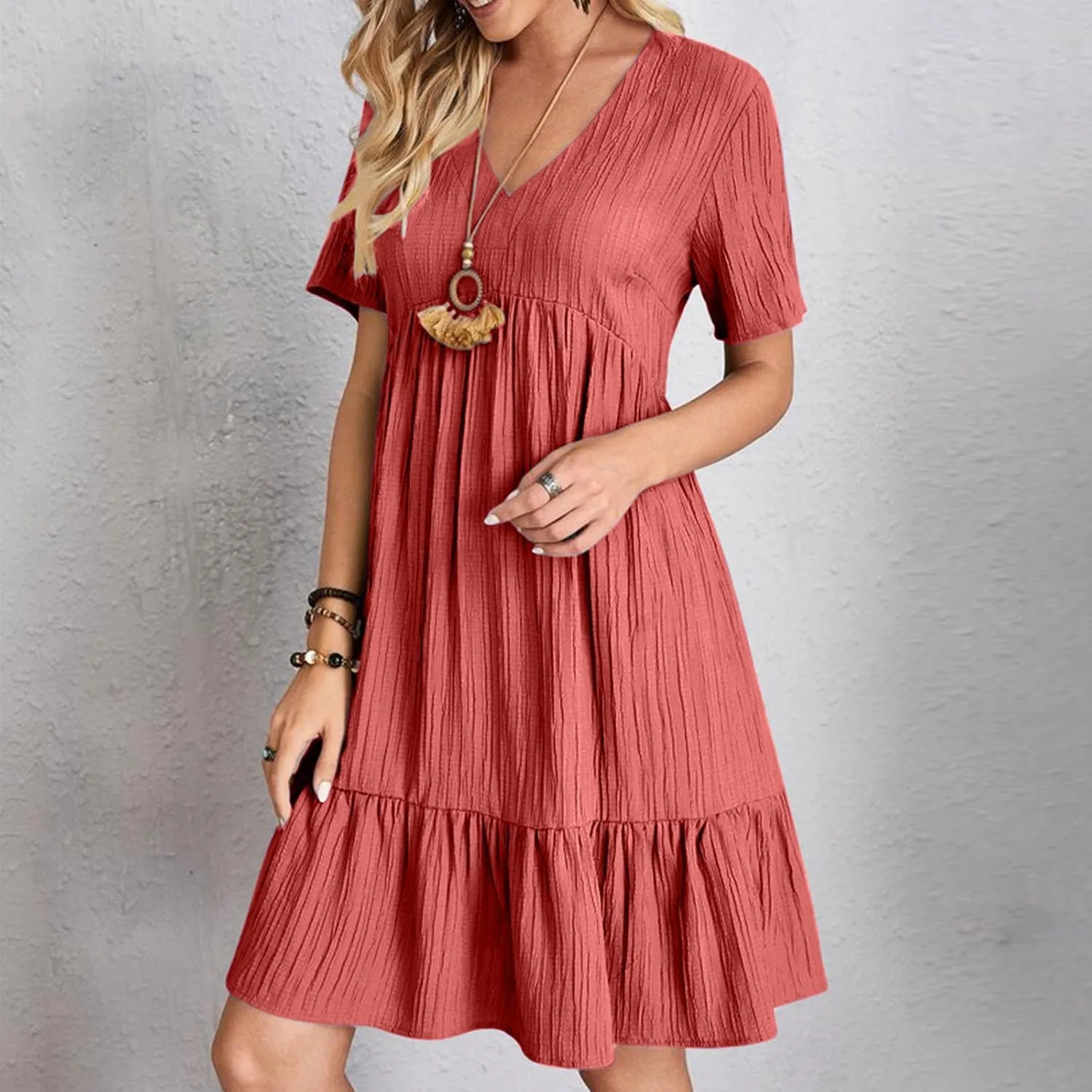 Plus Size Summer Dresses for Women 2025 Vacation Casual Short Sleeve Midi Sundress Tiered Ruffle Pleated T Shirt Dress