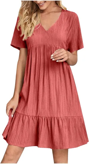 Plus Size Summer Dresses for Women 2025 Vacation Casual Short Sleeve Midi Sundress Tiered Ruffle Pleated T Shirt Dress