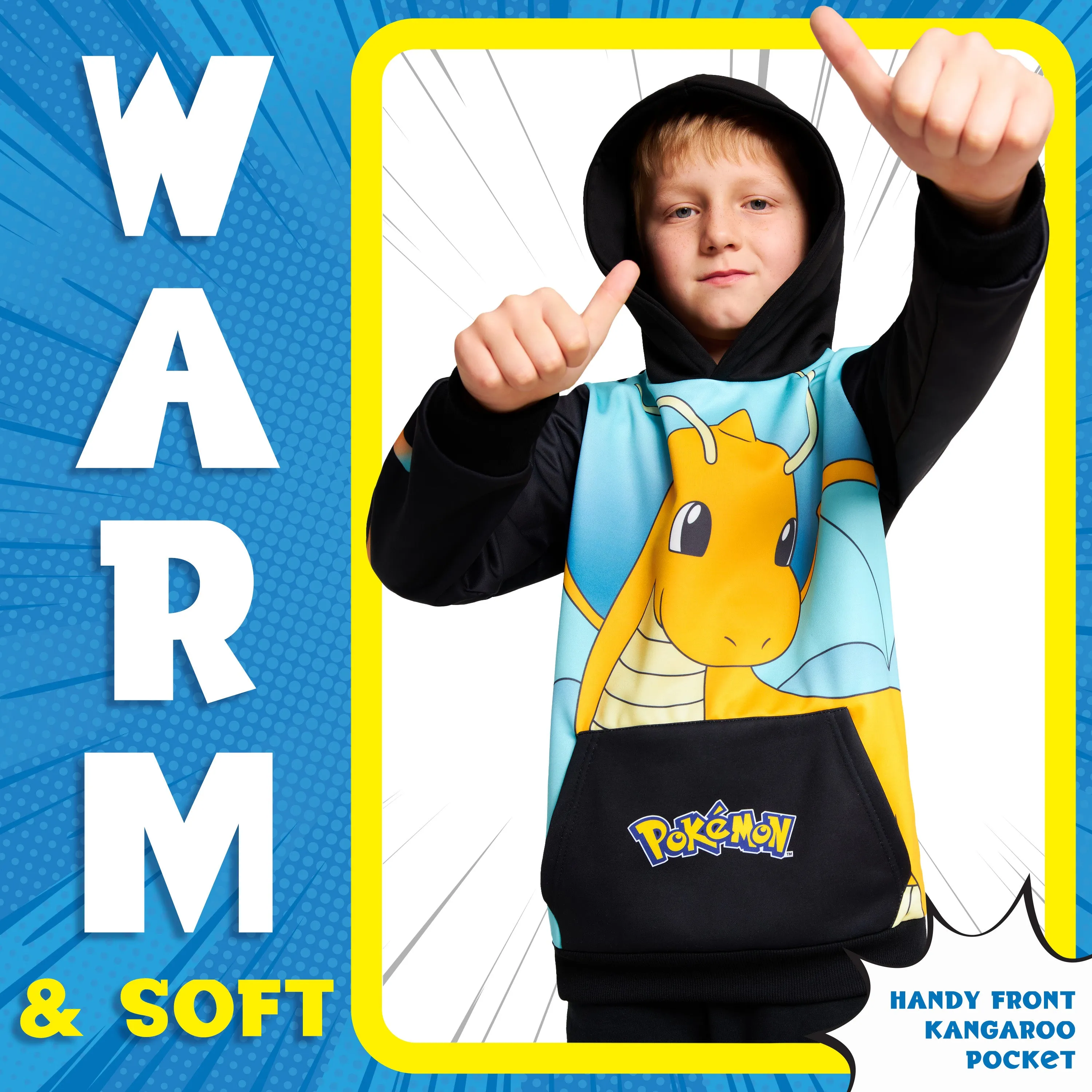 Pokemon Boys Hoodie with Cuffed Sleeves, Kangaroo Pocket - Black/Blue Dragonite
