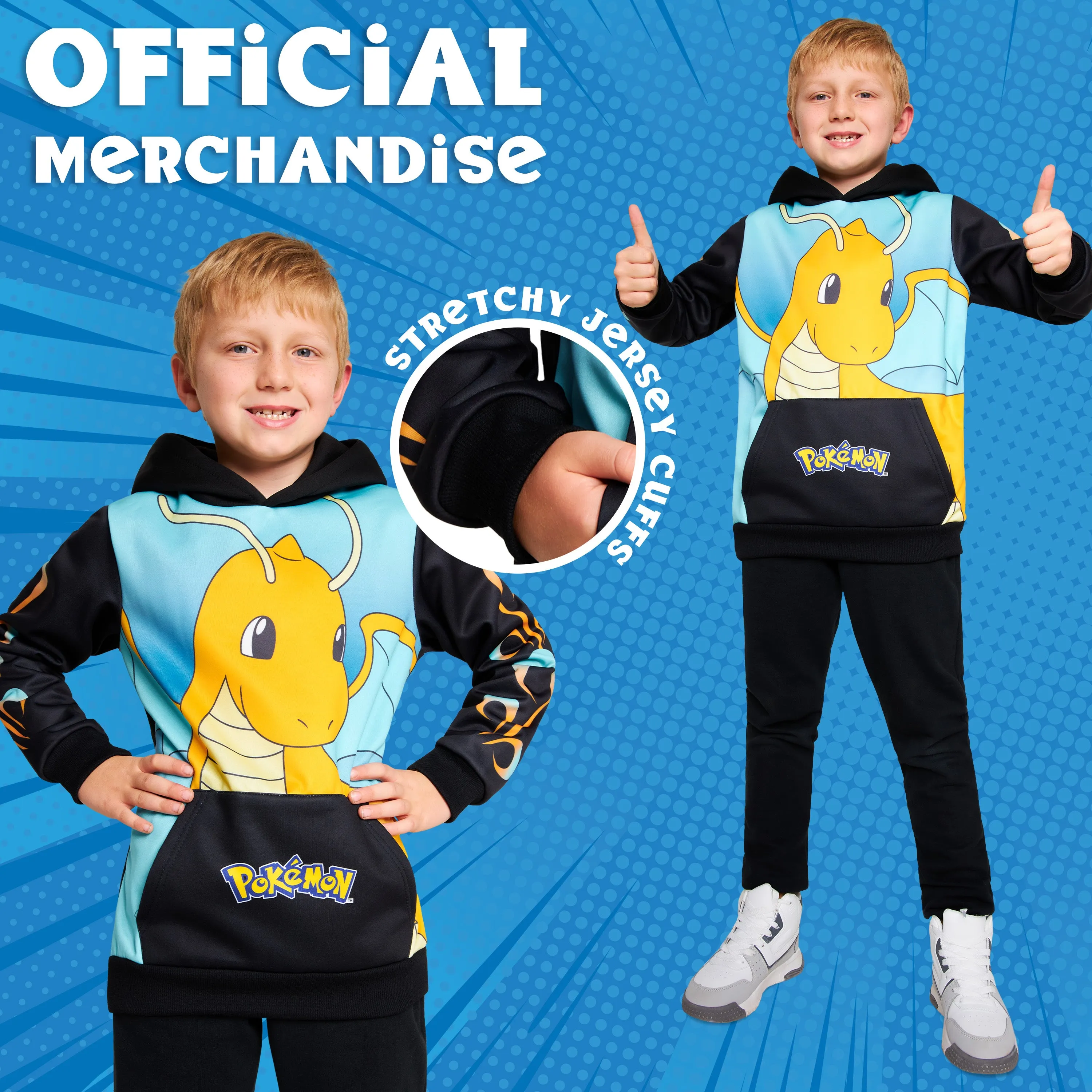 Pokemon Boys Hoodie with Cuffed Sleeves, Kangaroo Pocket - Black/Blue Dragonite