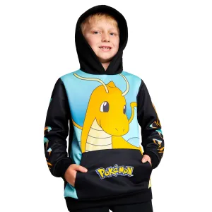 Pokemon Boys Hoodie with Cuffed Sleeves, Kangaroo Pocket - Black/Blue Dragonite