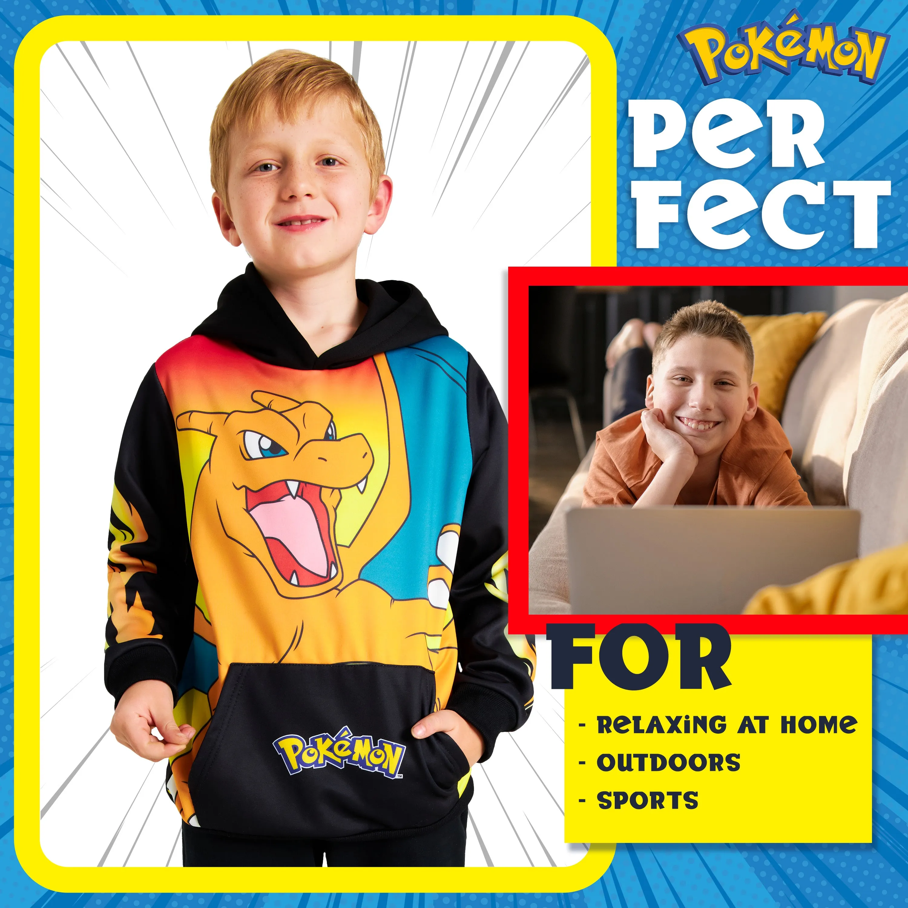 Pokemon Boys Hoodie with Cuffed Sleeves, Kangaroo Pocket - Black/Orange Charizard