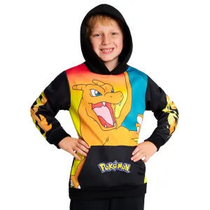 Pokemon Boys Hoodie with Cuffed Sleeves, Kangaroo Pocket - Black/Orange Charizard