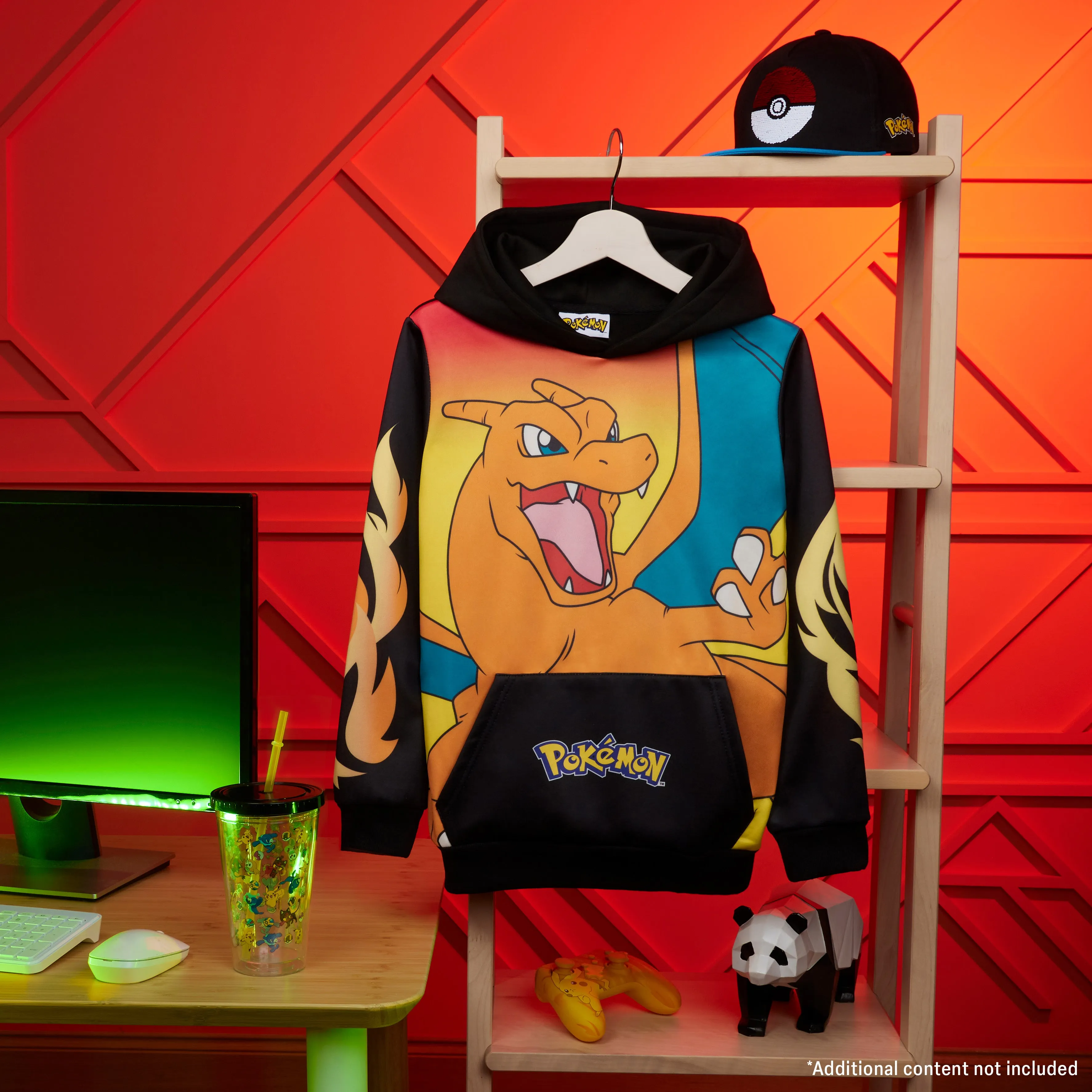 Pokemon Boys Hoodie with Cuffed Sleeves, Kangaroo Pocket - Black/Orange Charizard