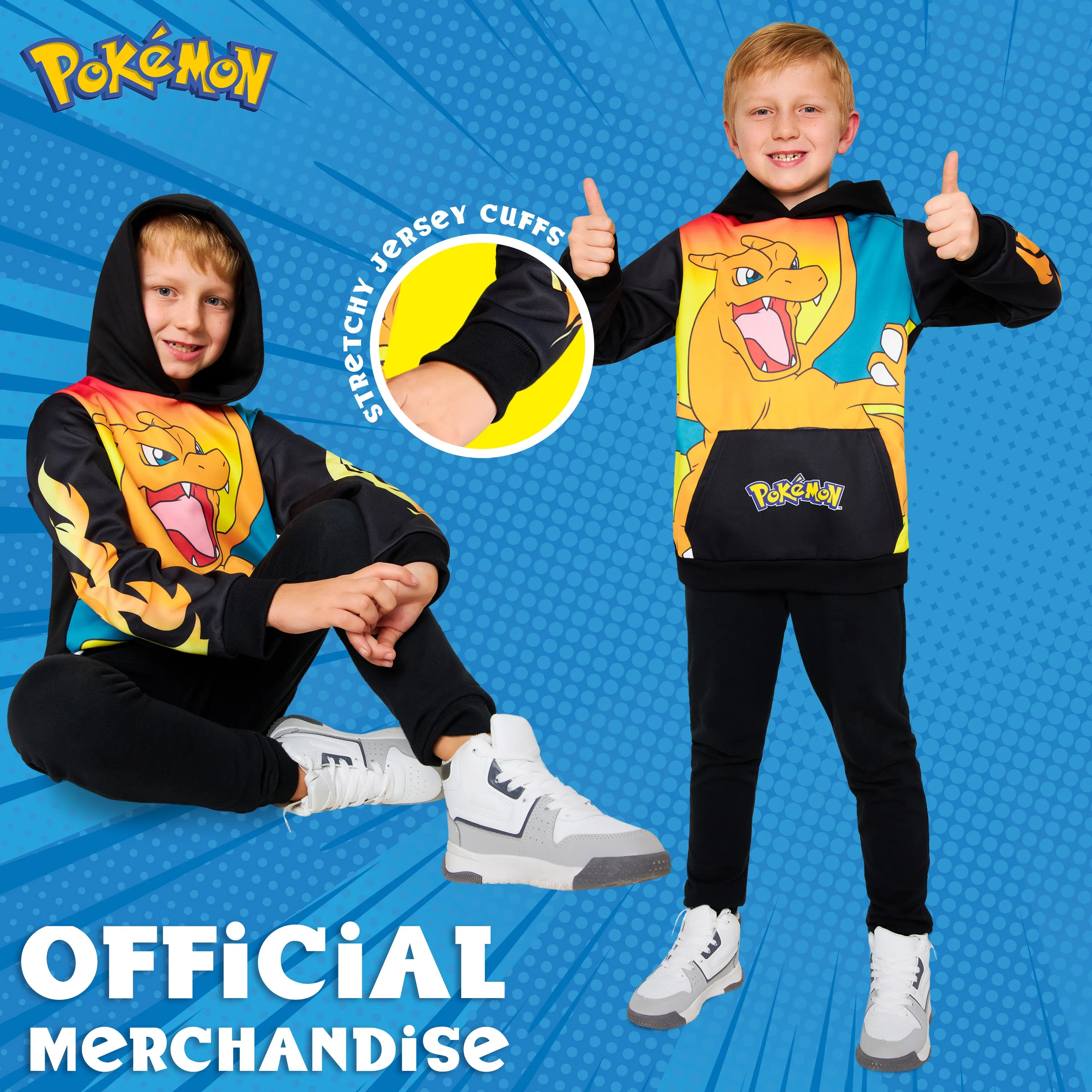 Pokemon Boys Hoodie with Cuffed Sleeves, Kangaroo Pocket - Black/Orange Charizard