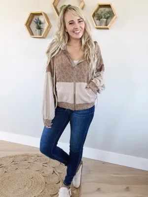 POL Enthusiastic Floral Full-Zip Hoodie in Mocha