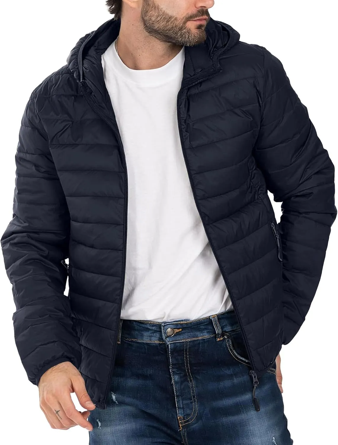 Polu Men's Puffer Jacket with Hood Lightweight Windproof Water-Resistant Winter Down Jacket For Outdoor Hiking Camping