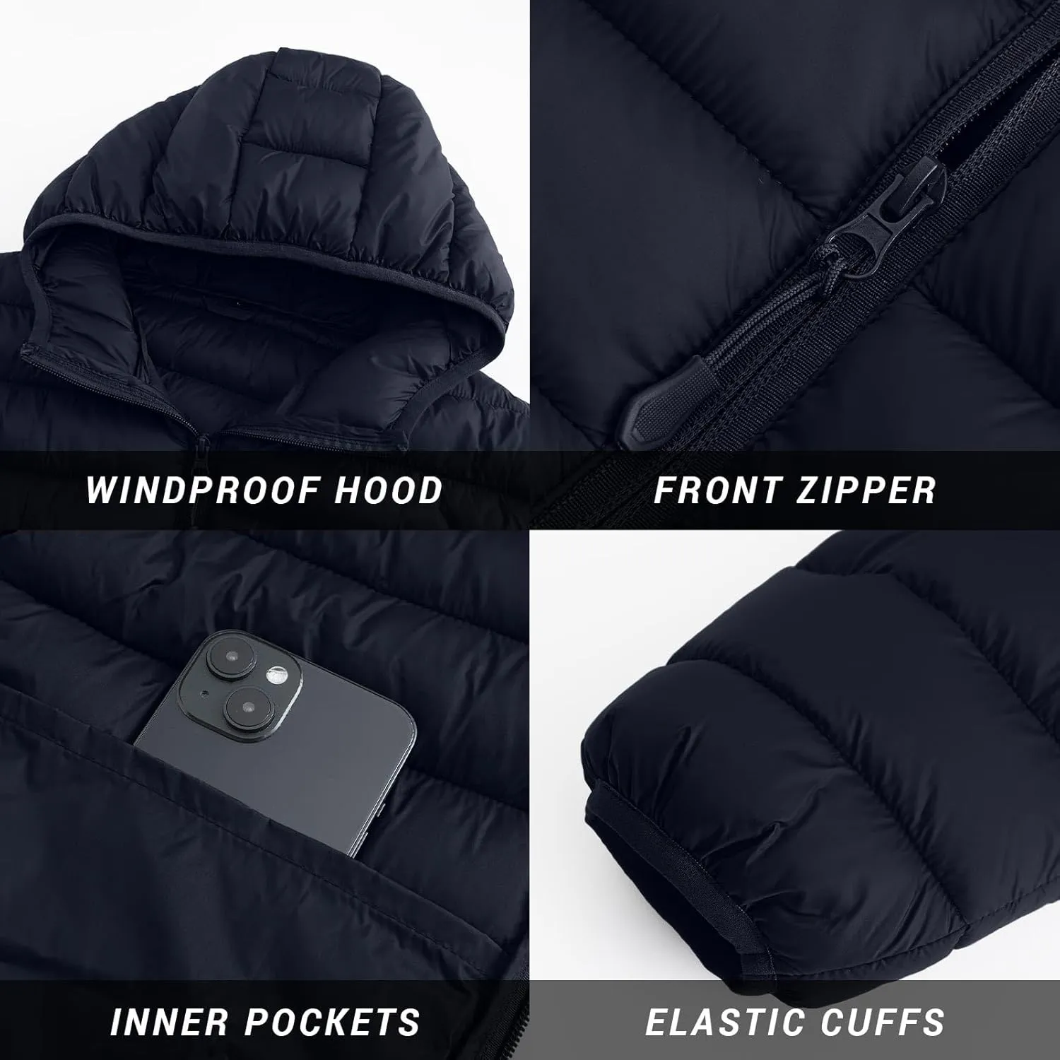 Polu Men's Puffer Jacket with Hood Lightweight Windproof Water-Resistant Winter Down Jacket For Outdoor Hiking Camping