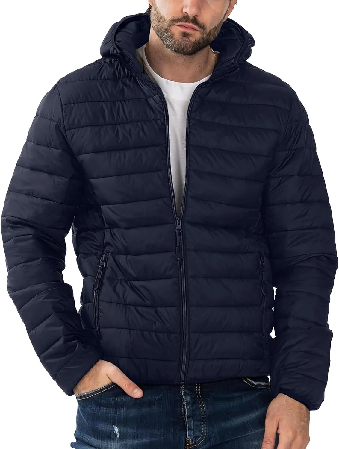 Polu Men's Puffer Jacket with Hood Lightweight Windproof Water-Resistant Winter Down Jacket For Outdoor Hiking Camping