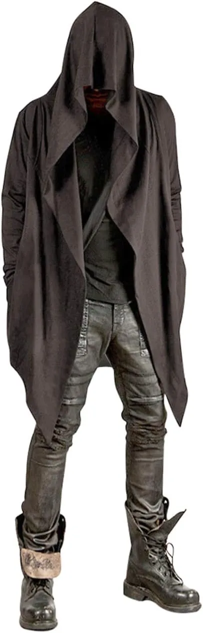 Poriff Mens Draped Cardigans Long Sleeve with Hooded Pockets Long Shawl Ruffle