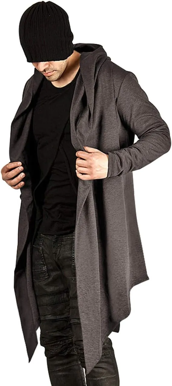 Poriff Mens Draped Cardigans Long Sleeve with Hooded Pockets Long Shawl Ruffle