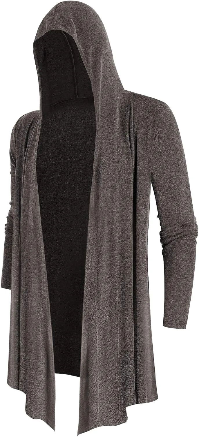Poriff Mens Draped Cardigans Long Sleeve with Hooded Pockets Long Shawl Ruffle