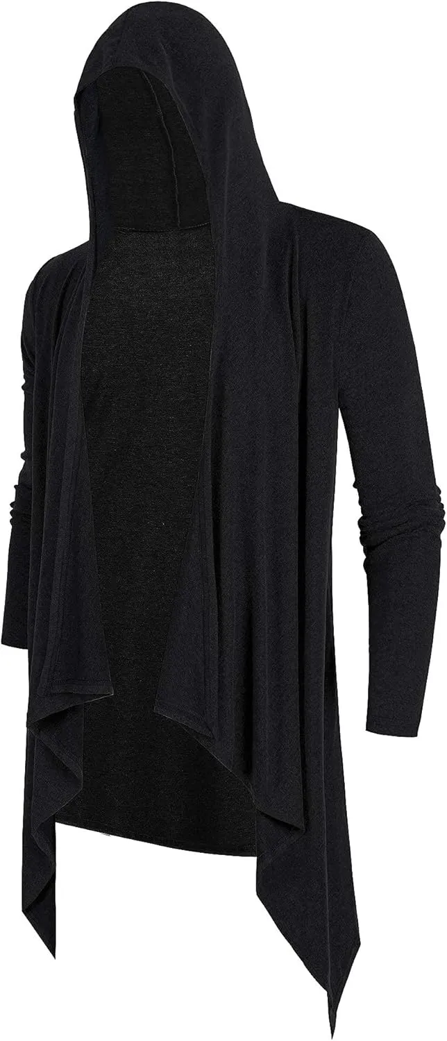 Poriff Mens Draped Cardigans Long Sleeve with Hooded Pockets Long Shawl Ruffle