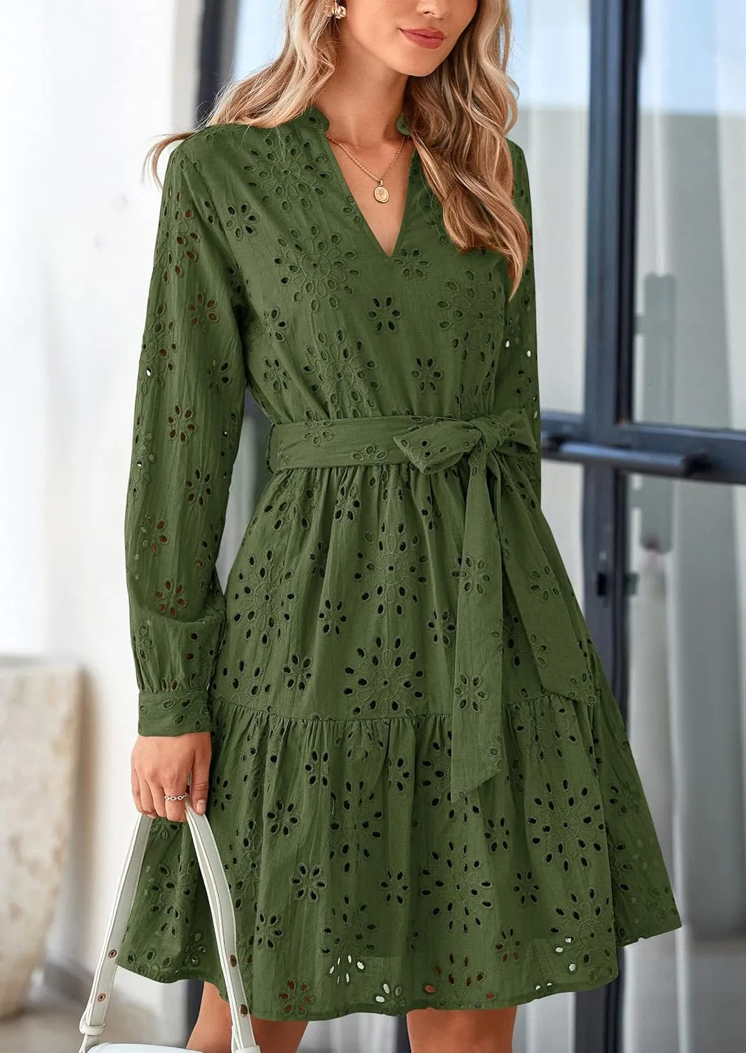 PRETTYGARDEN Women's Long Sleeve Spring Dress 2025 Casual Fall V Neck A Line Hollow Out Eyelet Wedding Guest Short Dresses