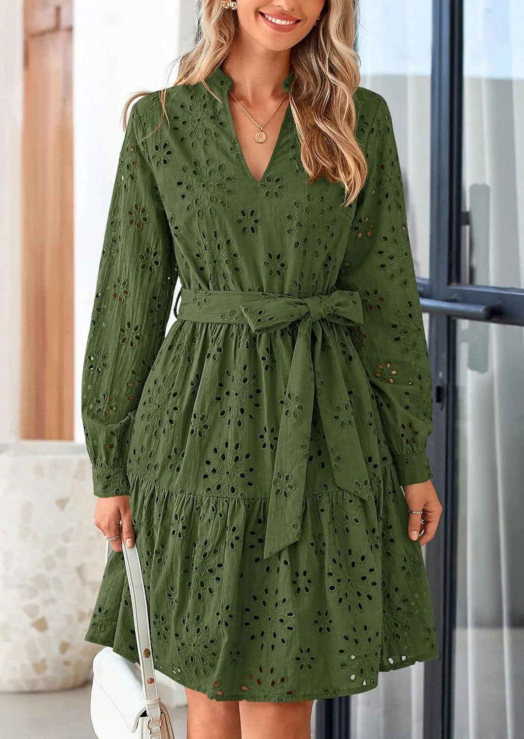 PRETTYGARDEN Women's Long Sleeve Spring Dress 2025 Casual Fall V Neck A Line Hollow Out Eyelet Wedding Guest Short Dresses