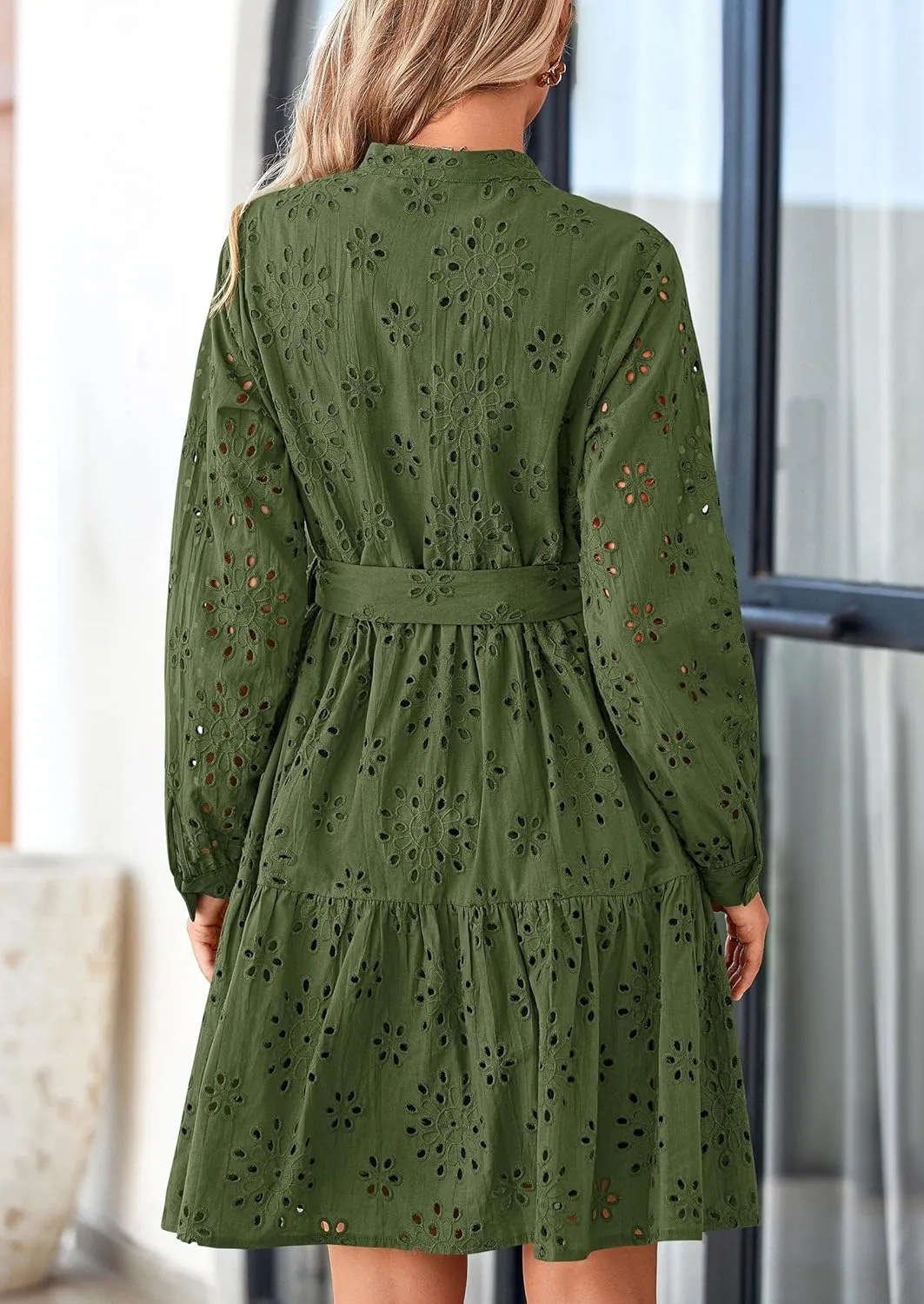 PRETTYGARDEN Women's Long Sleeve Spring Dress 2025 Casual Fall V Neck A Line Hollow Out Eyelet Wedding Guest Short Dresses