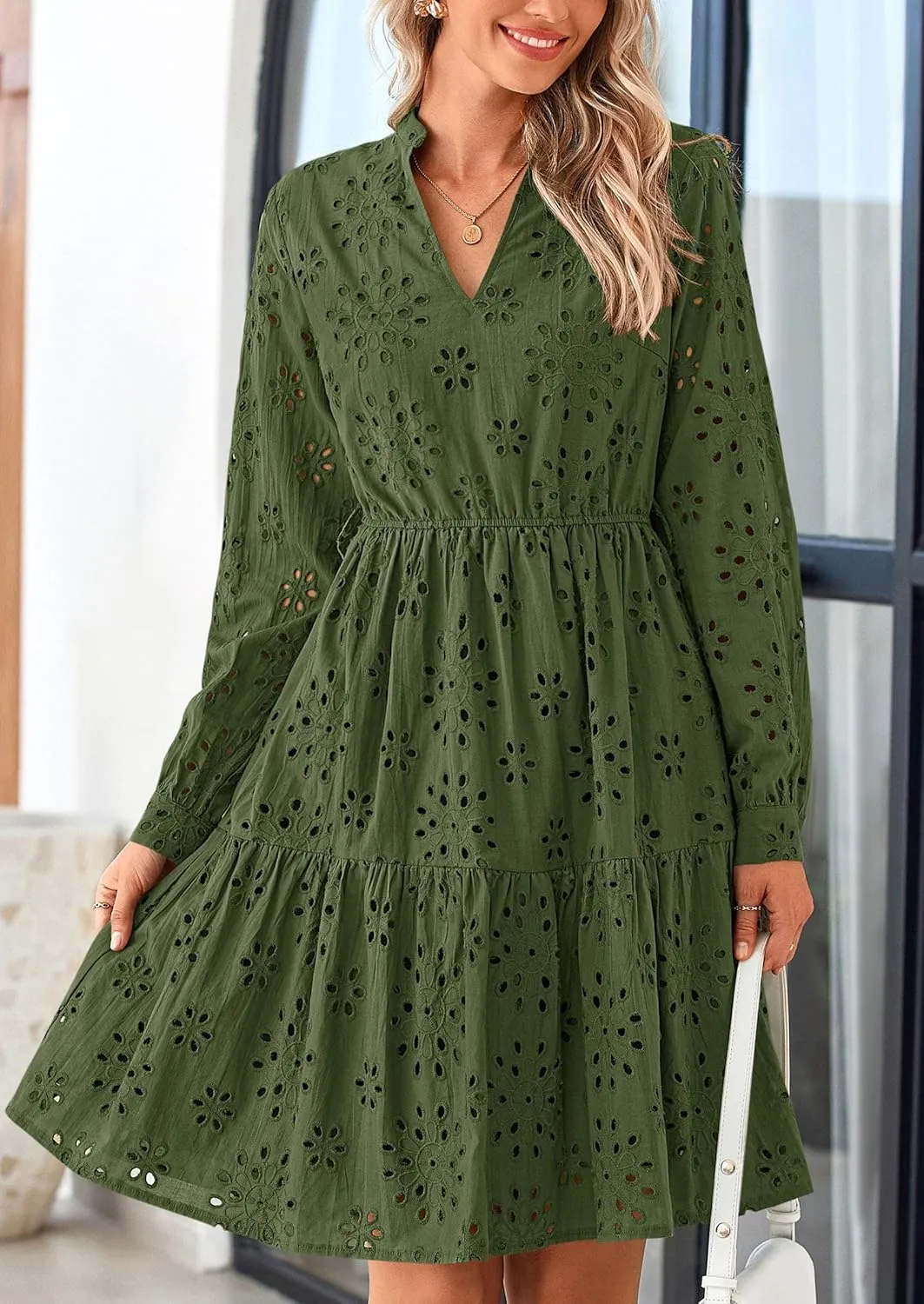 PRETTYGARDEN Women's Long Sleeve Spring Dress 2025 Casual Fall V Neck A Line Hollow Out Eyelet Wedding Guest Short Dresses