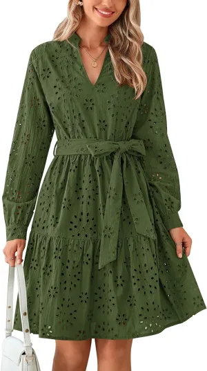 PRETTYGARDEN Women's Long Sleeve Spring Dress 2025 Casual Fall V Neck A Line Hollow Out Eyelet Wedding Guest Short Dresses
