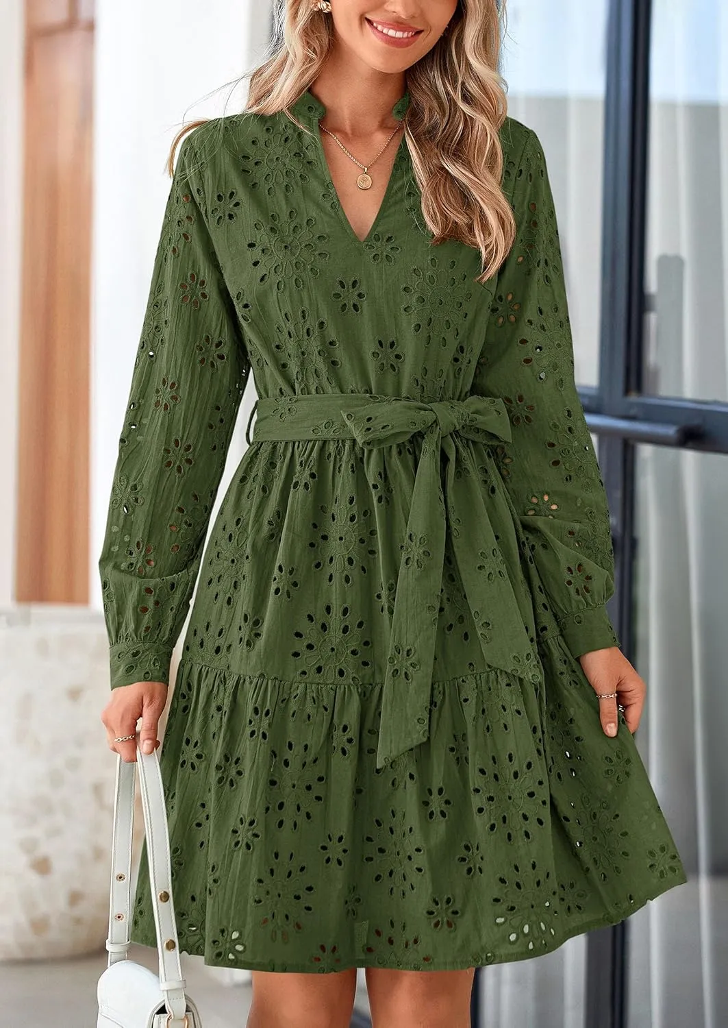 PRETTYGARDEN Women's Long Sleeve Spring Dress 2025 Casual Fall V Neck A Line Hollow Out Eyelet Wedding Guest Short Dresses