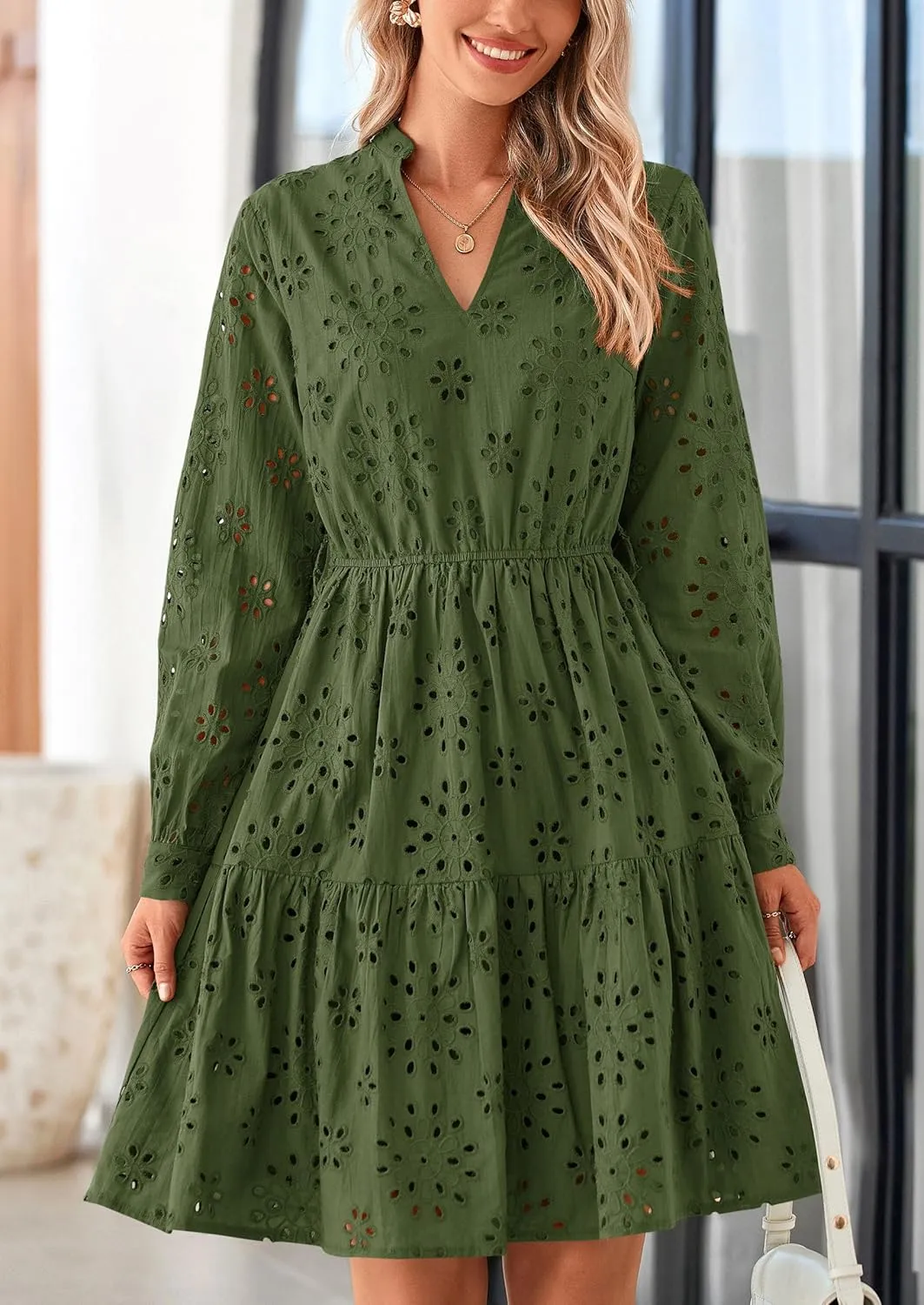 PRETTYGARDEN Women's Long Sleeve Spring Dress 2025 Casual Fall V Neck A Line Hollow Out Eyelet Wedding Guest Short Dresses