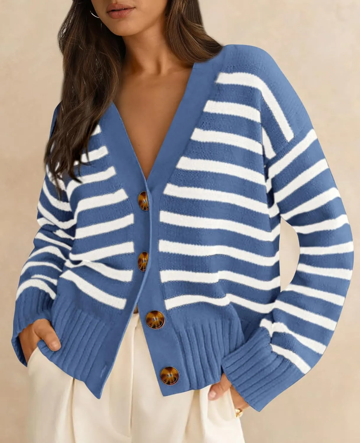 PRETTYGARDEN Women's Long Sleeve Striped Open Front Cardigan Sweaters Button Down Knit Lady Jackets 2025 Fall Outfits