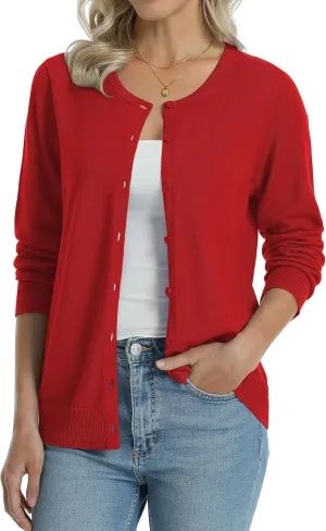 QUALFORT Women's 100% Cotton Lightweight Cardigans Long Sleeve Knitted Button Down Sweater