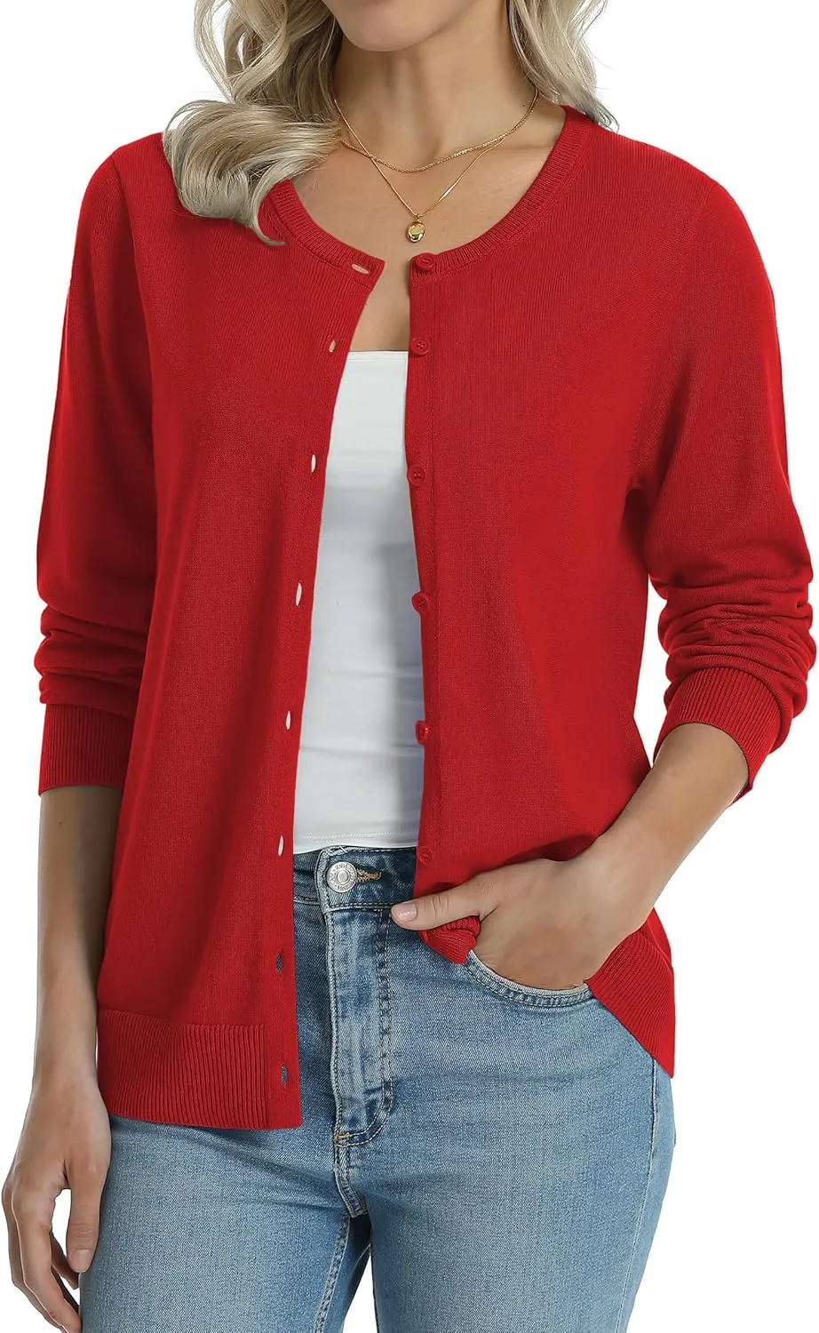 QUALFORT Women's 100% Cotton Lightweight Cardigans Long Sleeve Knitted Button Down Sweater