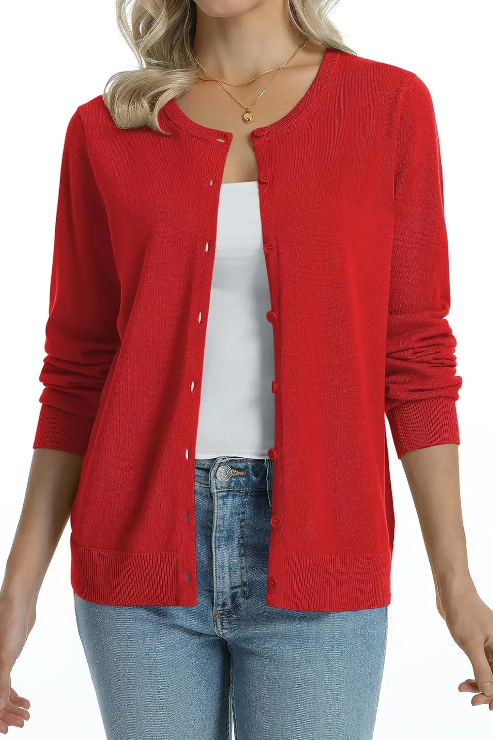 QUALFORT Women's 100% Cotton Lightweight Cardigans Long Sleeve Knitted Button Down Sweater
