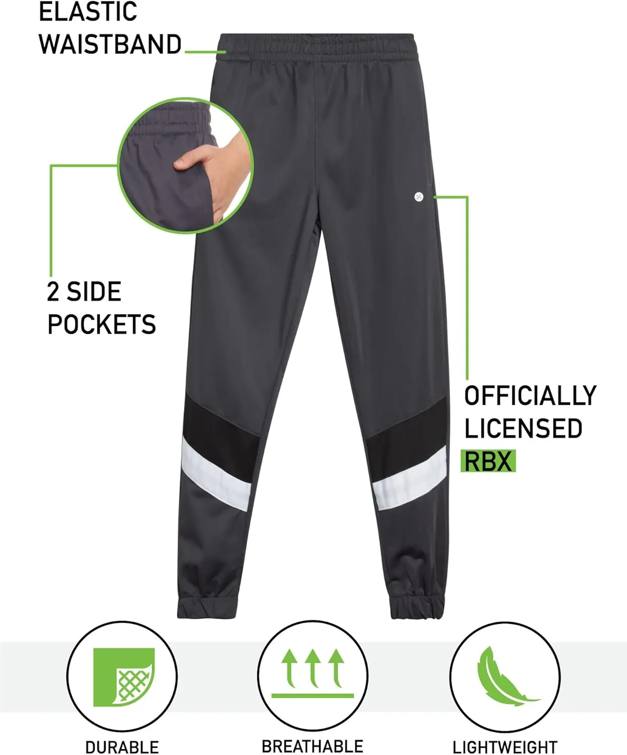 RBX Boys Sweatpants - 2 Pack Stretch Performance Tricot Activewear Boys Joggers Athletic Pants with Side Pockets (Size: 4-20)