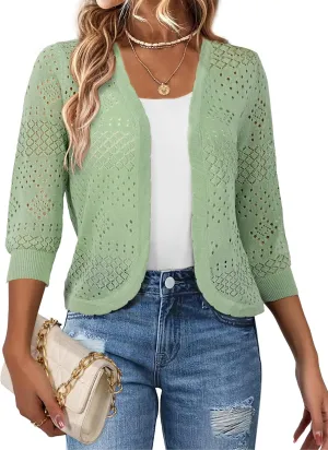 REDHOTYPE Women's 3/4 Sleeve Cardigan Open Front Cropped Shrugs Summer Hollowed Lightweight Cardigans Sweater (S-XL)