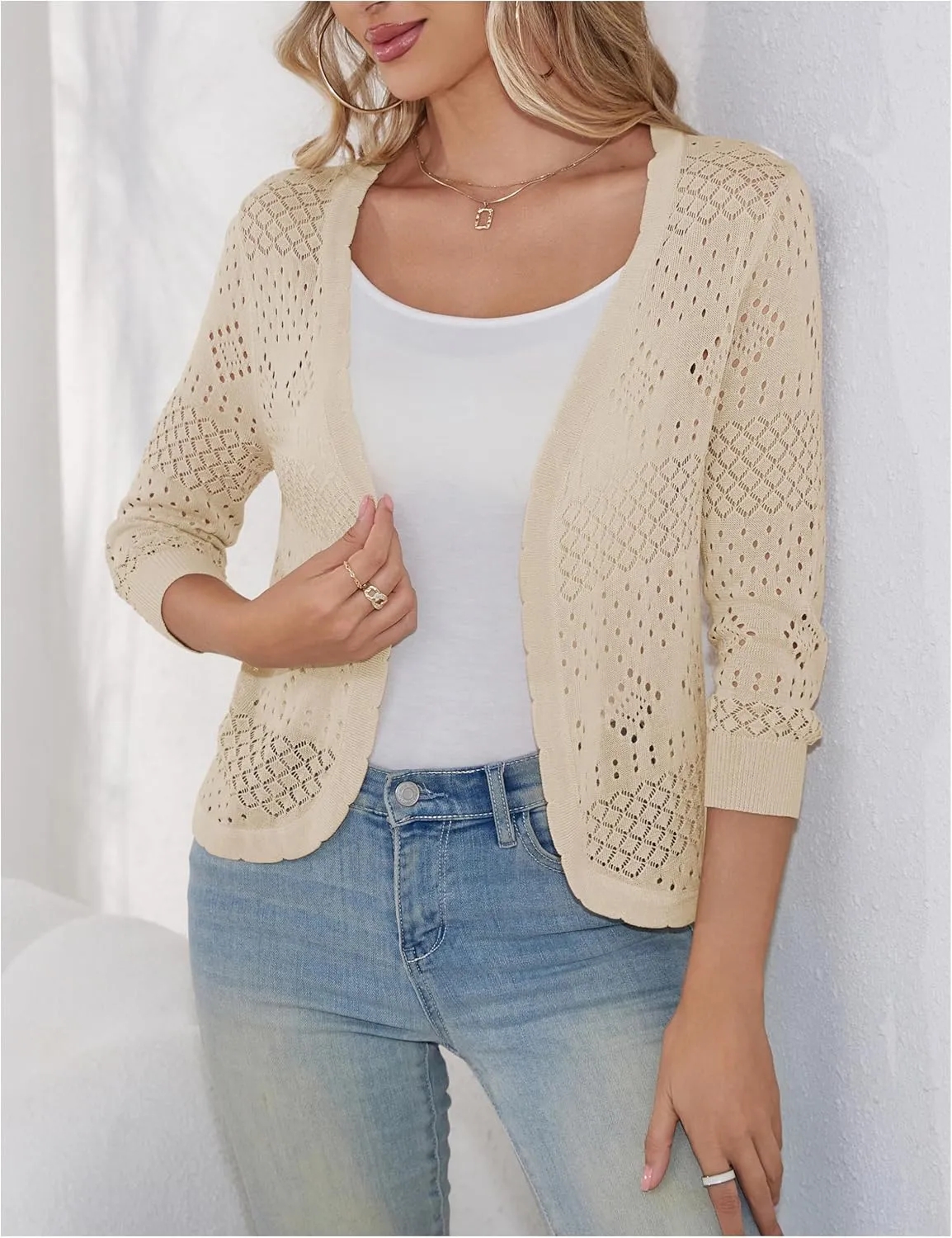 REDHOTYPE Women's 3/4 Sleeve Cardigan Open Front Cropped Shrugs Summer Hollowed Lightweight Cardigans Sweater (S-XL)