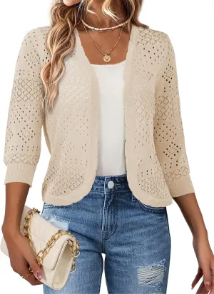 REDHOTYPE Women's 3/4 Sleeve Cardigan Open Front Cropped Shrugs Summer Hollowed Lightweight Cardigans Sweater (S-XL)