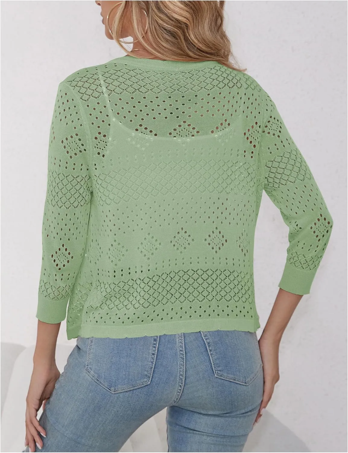 REDHOTYPE Women's 3/4 Sleeve Cardigan Open Front Cropped Shrugs Summer Hollowed Lightweight Cardigans Sweater (S-XL)