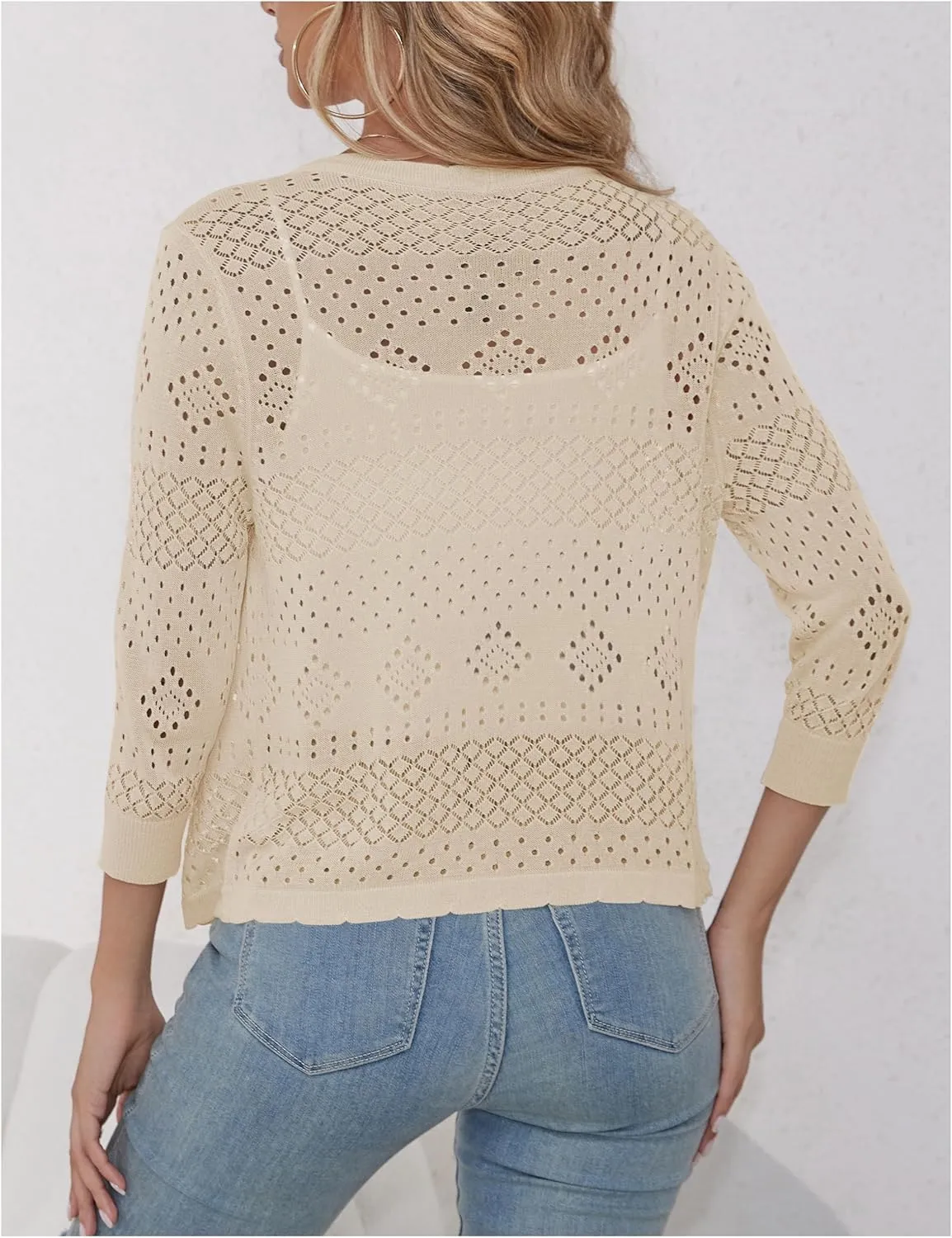 REDHOTYPE Women's 3/4 Sleeve Cardigan Open Front Cropped Shrugs Summer Hollowed Lightweight Cardigans Sweater (S-XL)