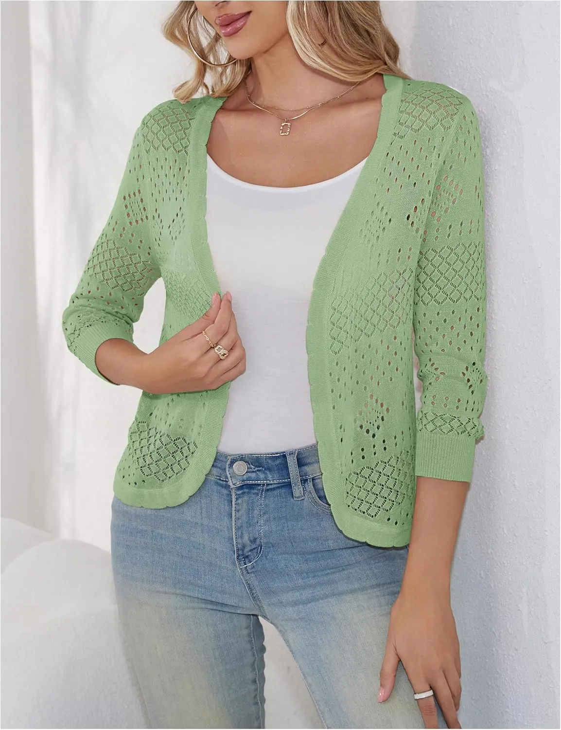 REDHOTYPE Women's 3/4 Sleeve Cardigan Open Front Cropped Shrugs Summer Hollowed Lightweight Cardigans Sweater (S-XL)