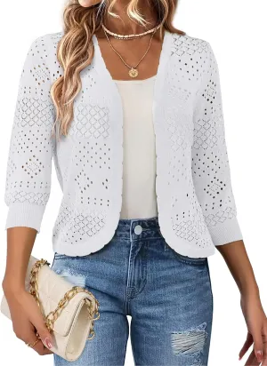 REDHOTYPE Women's 3/4 Sleeve Cardigan Open Front Cropped Shrugs Summer Hollowed Lightweight Cardigans Sweater (S-XL)