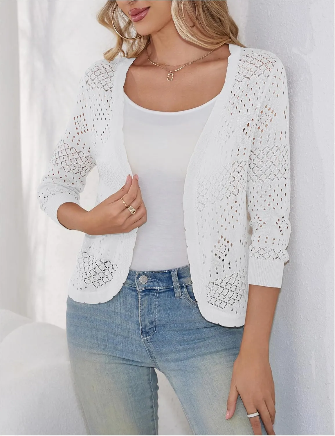 REDHOTYPE Women's 3/4 Sleeve Cardigan Open Front Cropped Shrugs Summer Hollowed Lightweight Cardigans Sweater (S-XL)