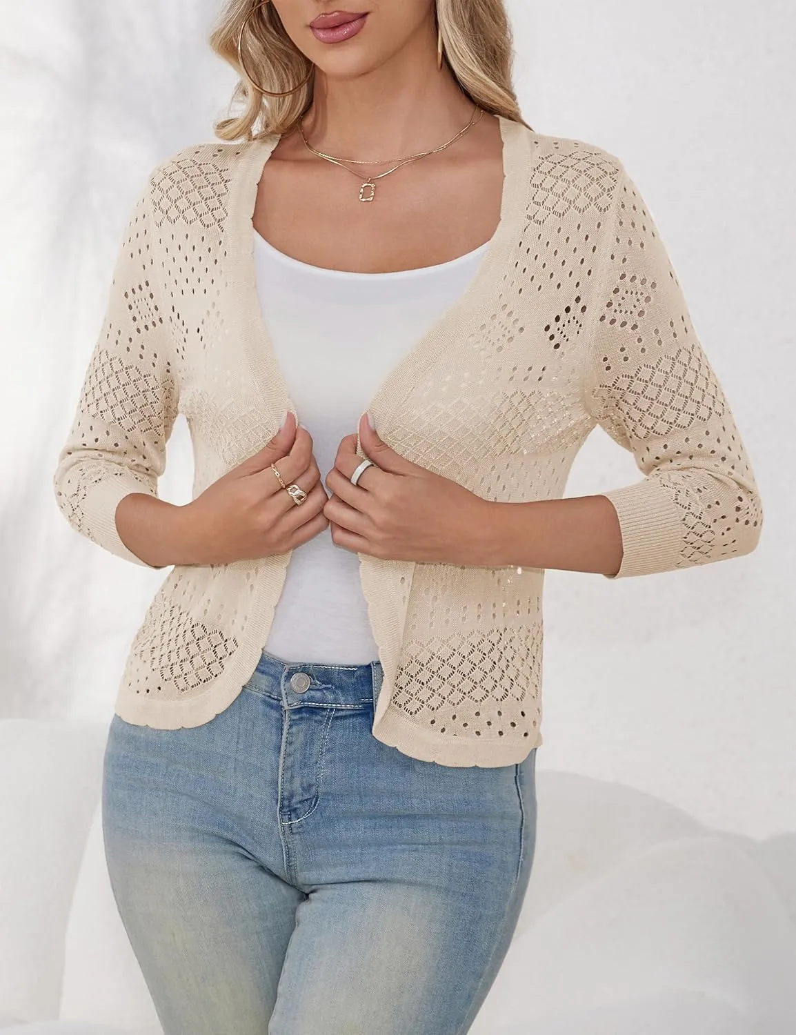 REDHOTYPE Women's 3/4 Sleeve Cardigan Open Front Cropped Shrugs Summer Hollowed Lightweight Cardigans Sweater (S-XL)