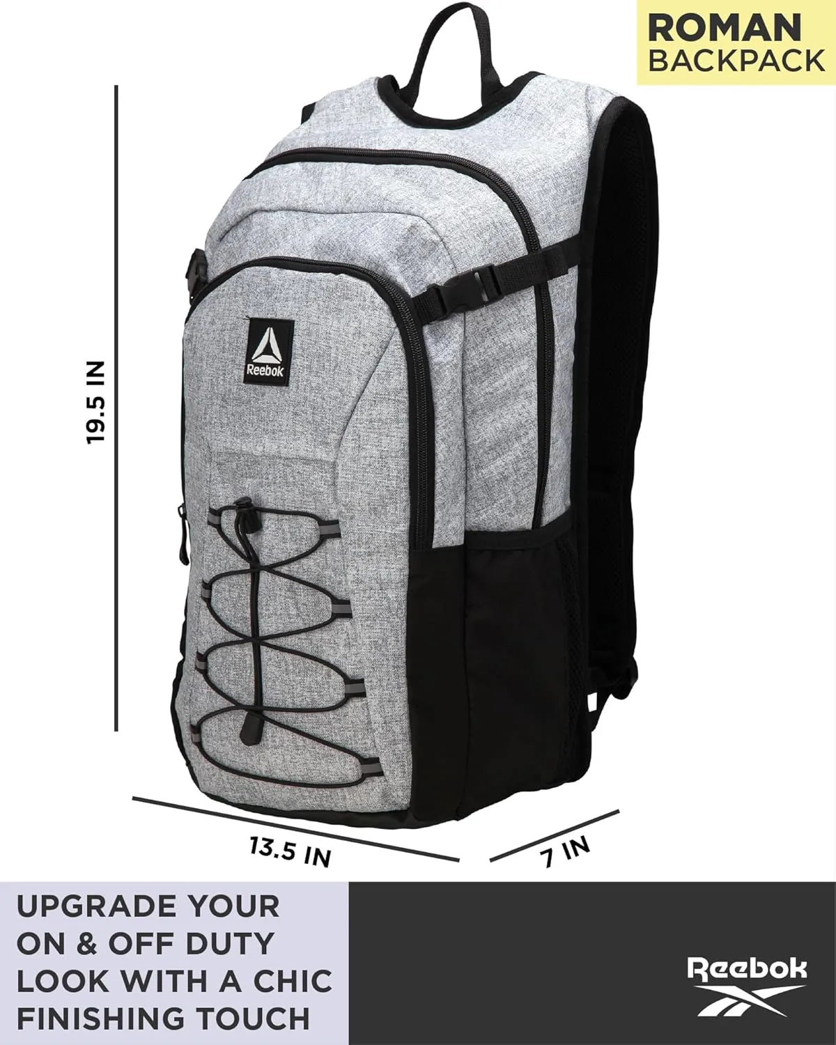 Reebok Backpack - Lightweight Carry On Weekender Overnight Sports Gym Bag - Versatile Bag Pack for Travel, Beach, Size One Size, Light Heather Grey Roman