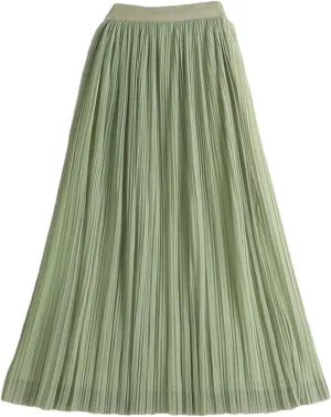 Reversible Tulle Midi Long Skirt Women Summer Solid High Waist Pleated Mid-Length Skirt Female